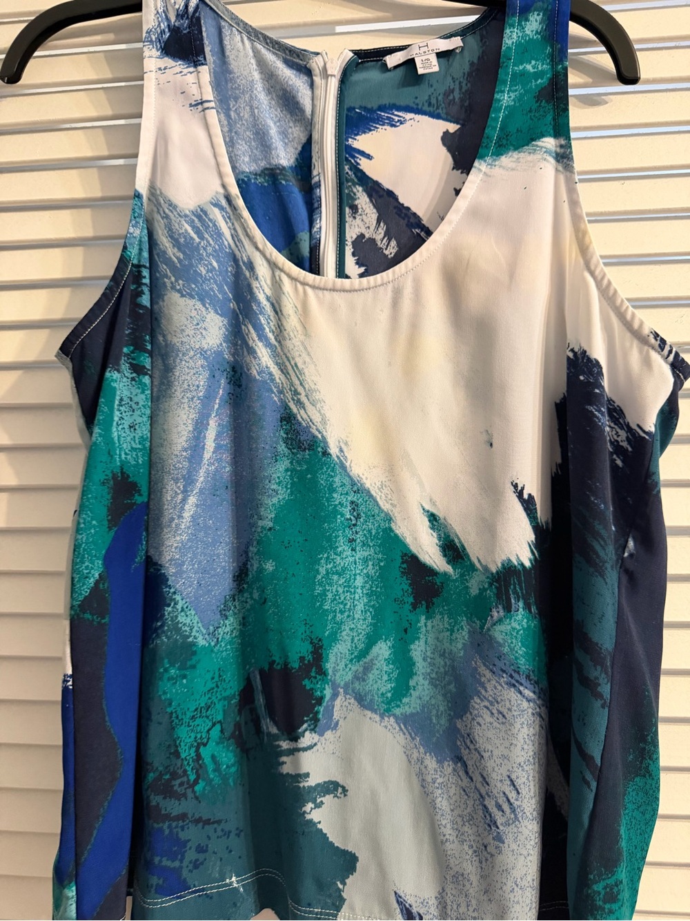 Halston- misses multi-colored, zippered back, sleeveless top.